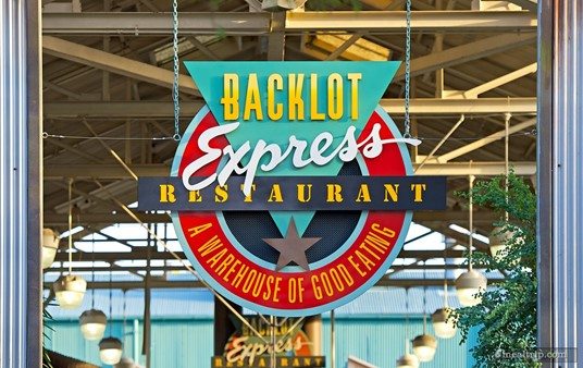 Sign above the entrance to the Backlot Express Restaurant.