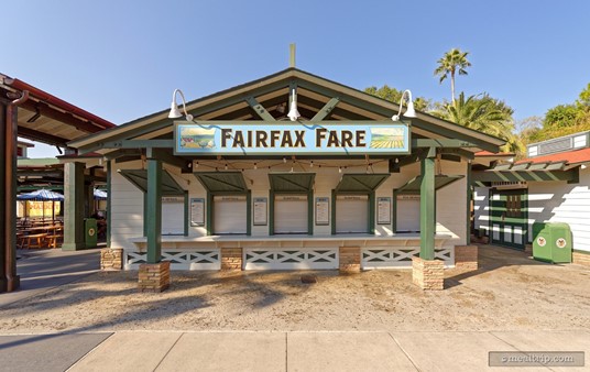 The front exterior of Fairfax Fare. This is looking at the building from the middle of Sunset Boulevard (at Disney's Hollywood Studios).