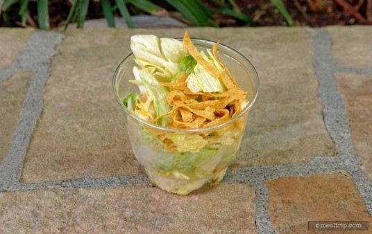  A closer look at the side salad at Fairfax Fare. It's basically some lettuce and baked tortilla strips with a very small amount of some flavor of vinaigrette dressing.