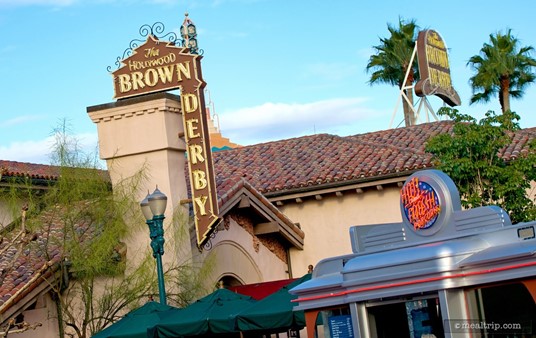 The Hollywood Brown Derby rooftop signage from a courtyard to the west of the restaurant.