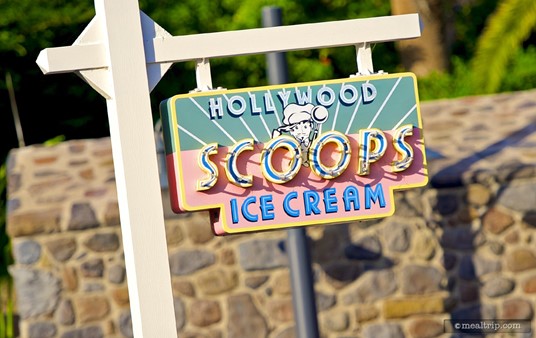 Hollywood Scoops street-side sign in front of the counter.