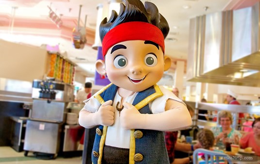 Jake from Jake and The Never Land Pirates is ready to meet guests in the morning. (Characters subject to change without notice.)