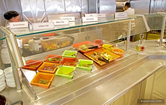 The prepared, chilled salad station during Hollywood and Vine's Play-and-Dine lunch period.