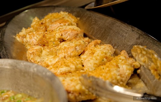 The asiago chicken tray in the buffet line at the Play and Dine lunch.
