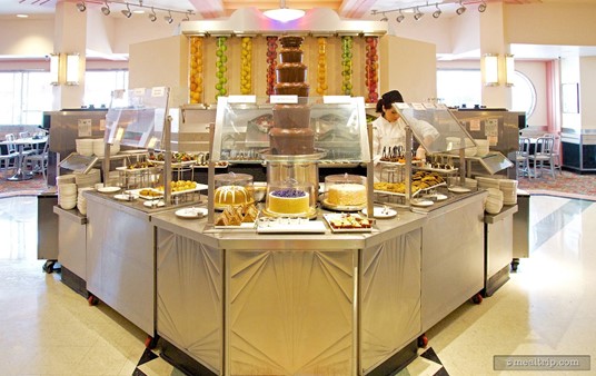 The dessert station is located in the middle of the restaurant and 
features a tall flowing fountain of chocolate, which cast members use to
 cover all sorts of delectable desserts.