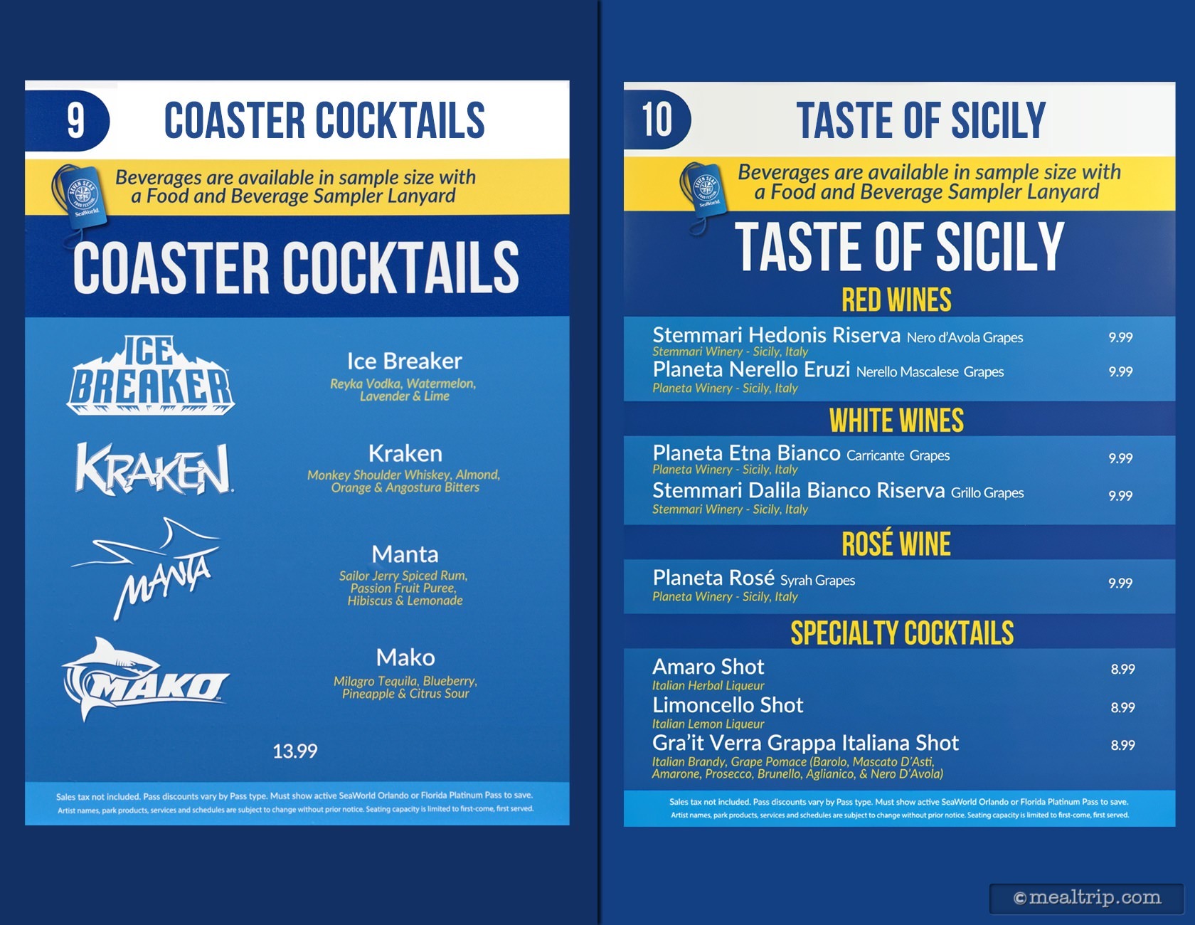 Coaster Cocktails and Taste of Sicily Menu Boards with Prices