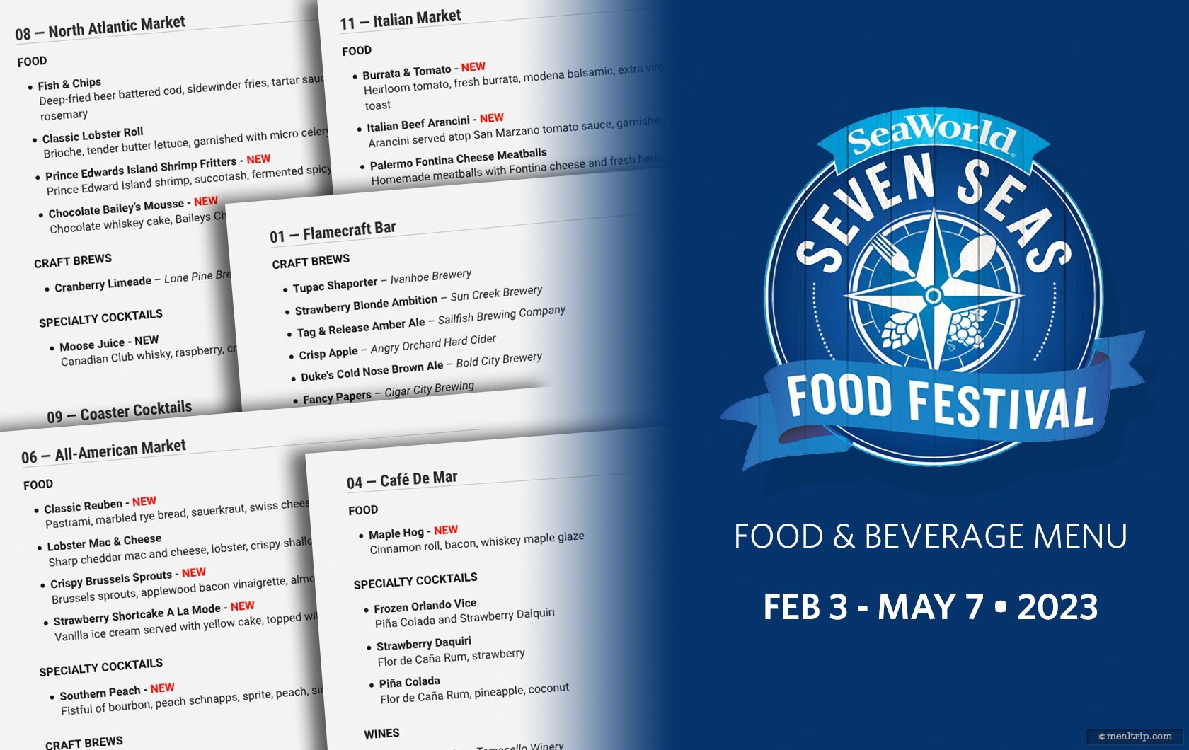 Food and Beverage Menu Items for the 2023 Seven Seas Food Festival at SeaWorld, Orlando