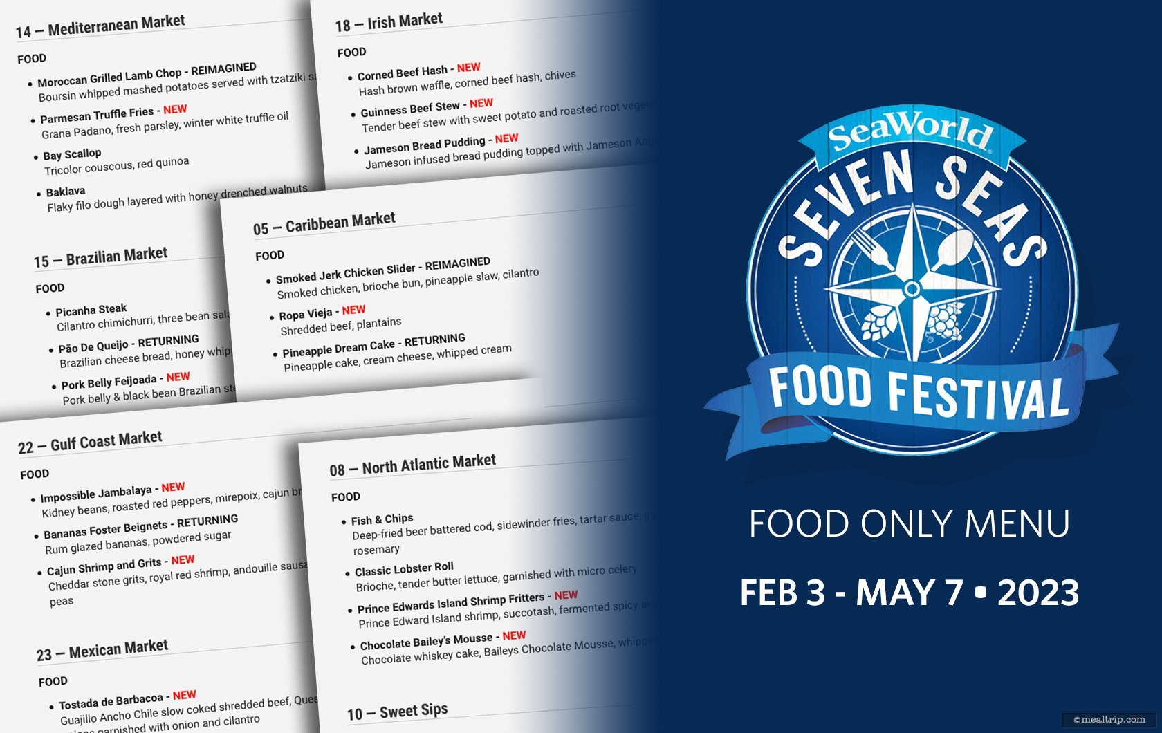 Food Only Menu Items for the 2023 Seven Seas Food Festival at SeaWorld, Orlando