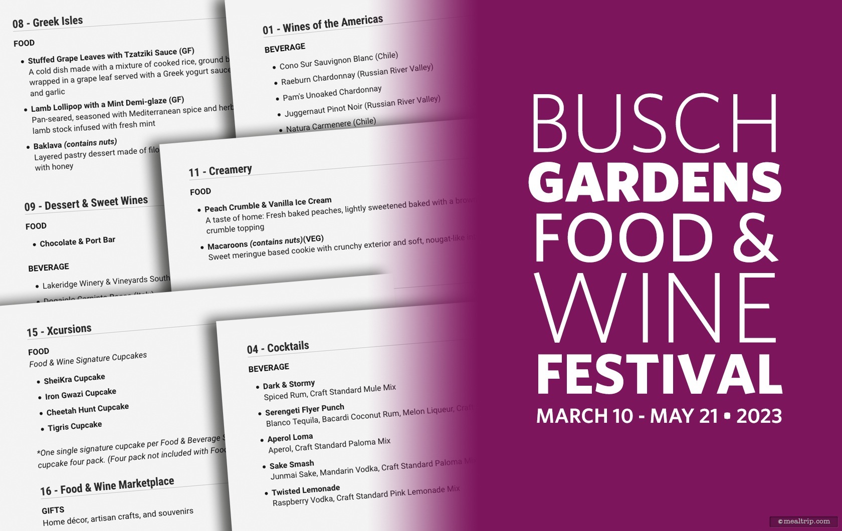 2023 Busch Gardens, Tampa Food & Wine Festival Menu Items Busch