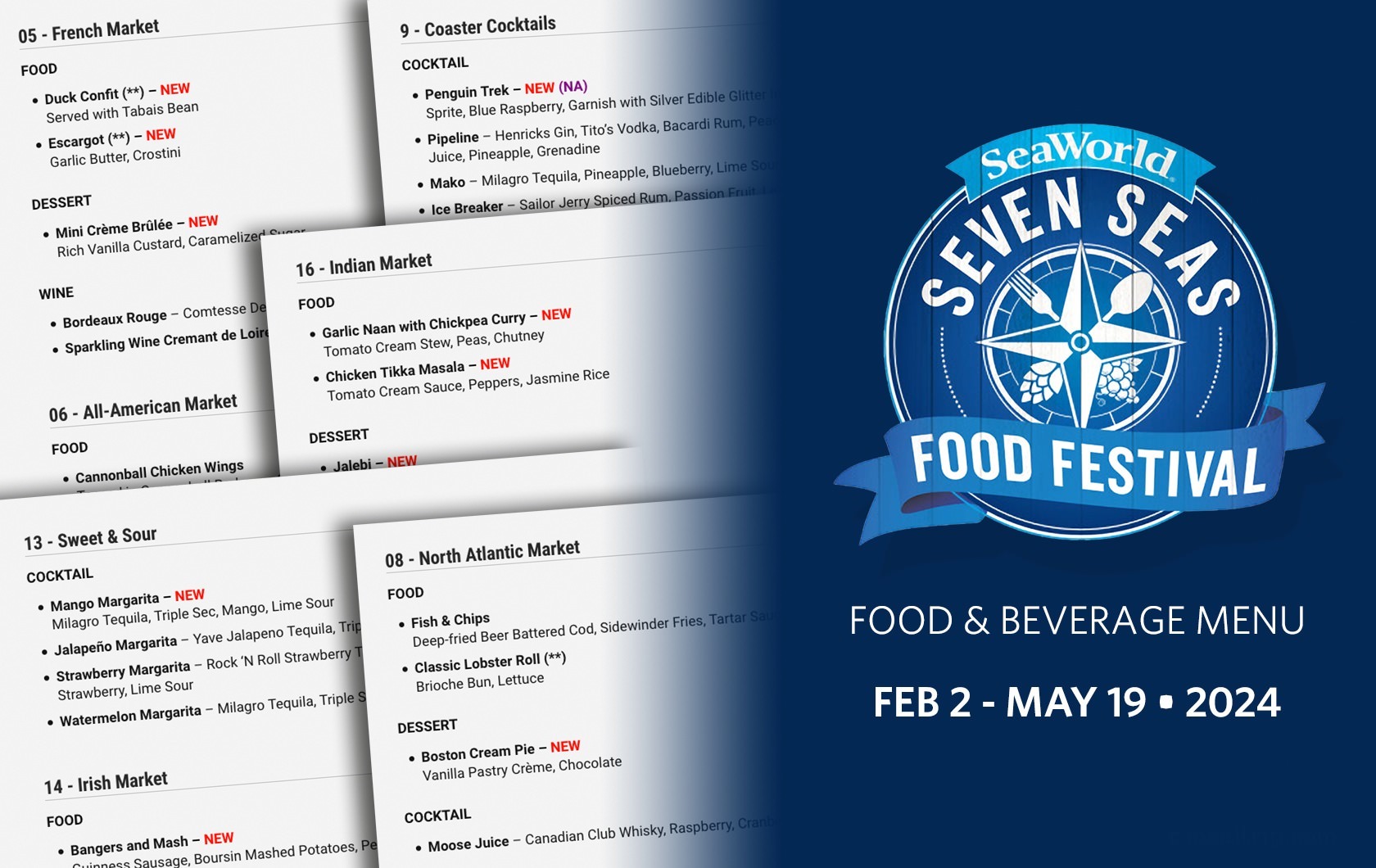 Food and Beverage Menu Items for the 2024 Seven Seas Food Festival at SeaWorld, Orlando