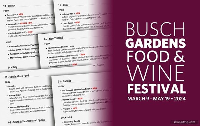 2024 Busch Gardens, Tampa Food & Wine Festival Menu Items