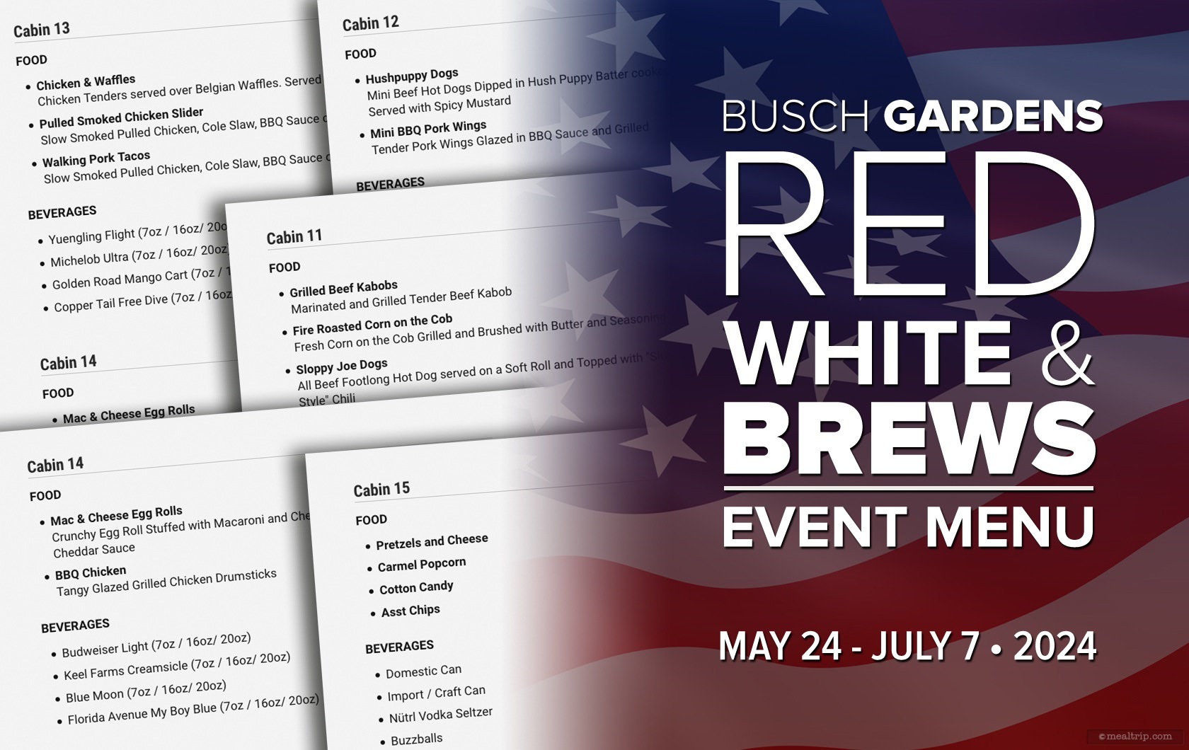 Menu for the 2024 Red, White, and Brews Mini-Fest at Busch Gardens, Tampa