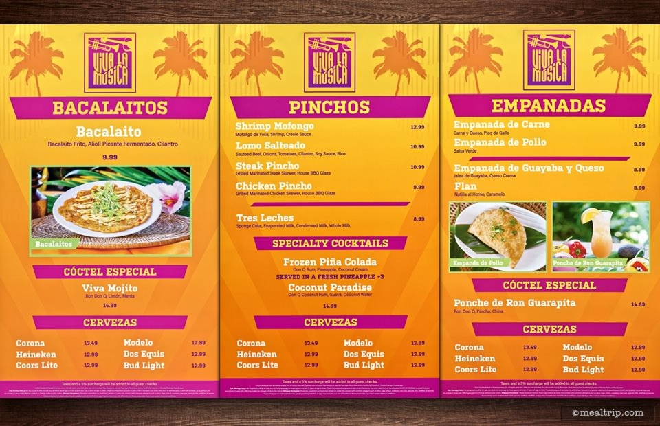 Menu Boards and Prices for Viva La Música at SeaWorld