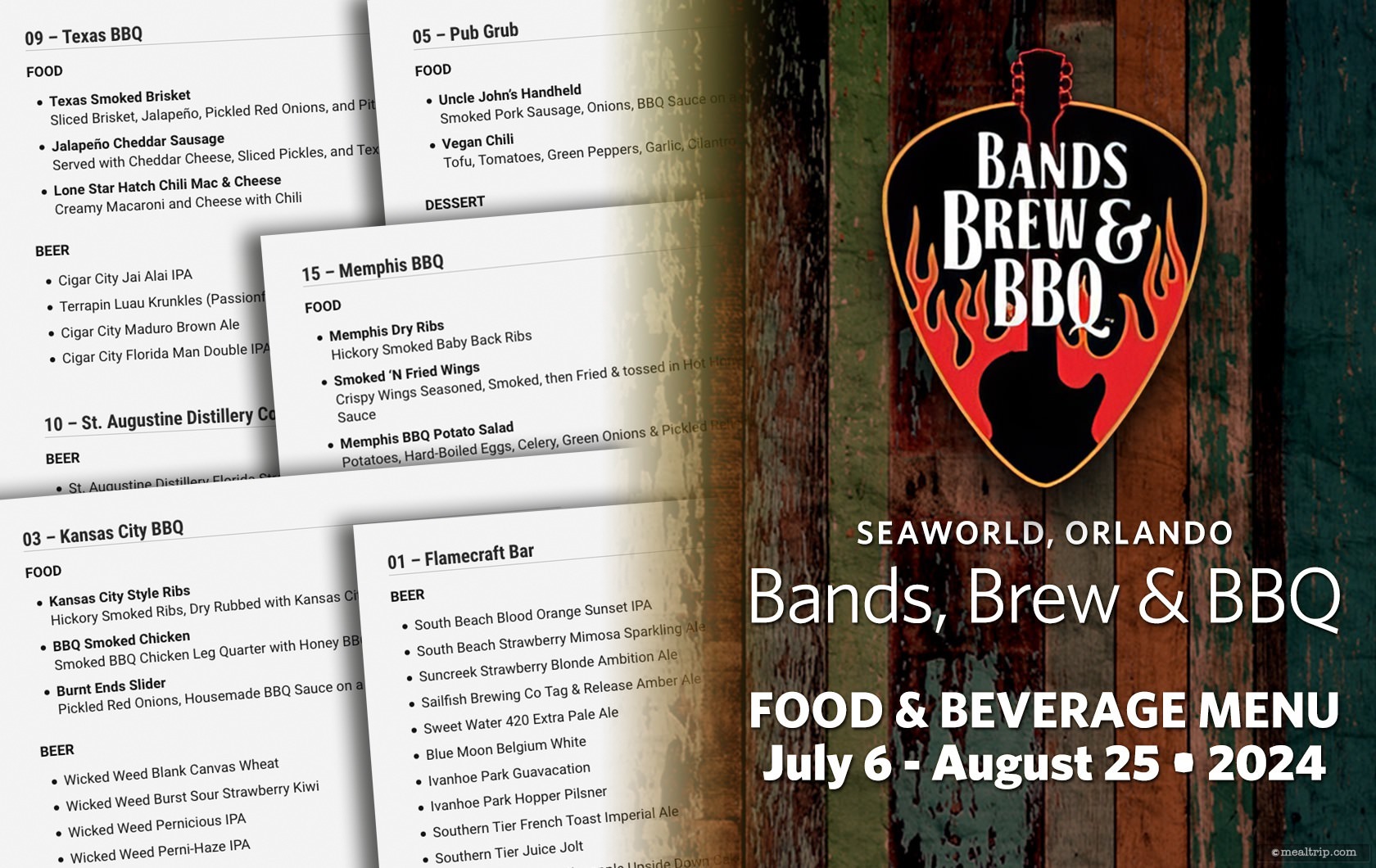 Food and Beverage Menu Items for the 2024 Bands, Brew and BBQ Festival at SeaWorld, Orlando