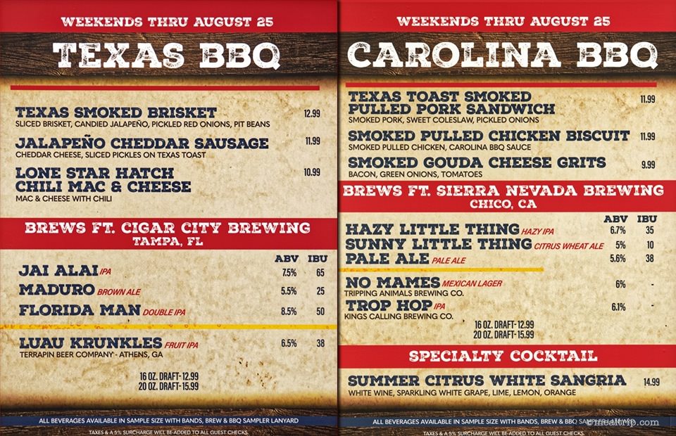 2024 Menu Boards and Prices for Bands, Brew, and BBQ at SeaWorld, Orlando