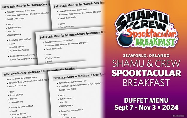 Menu and Prices for the New Shamu & Crew Spooktacular Breakfast Buffet