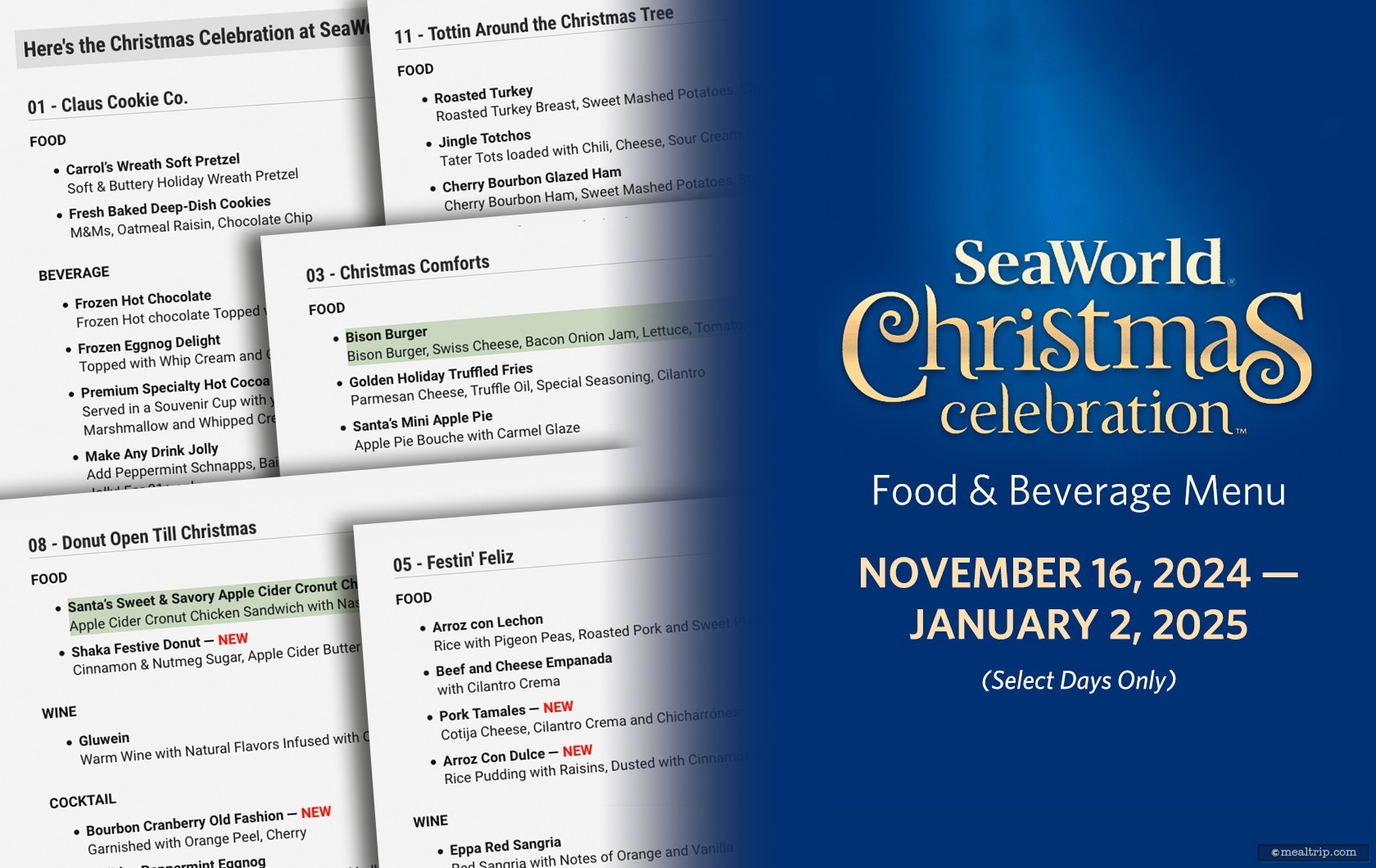 Menu Items for the 2024 Christmas Celebration Food Booths at SeaWorld, Orlando