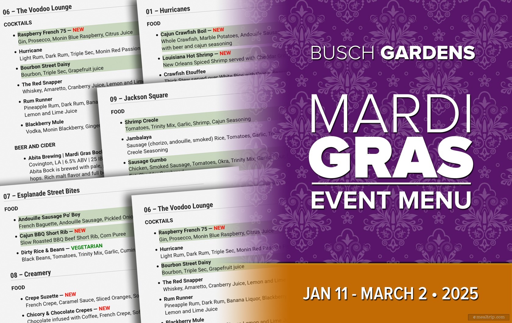 The 2025 Menu for Mardi Gras at Busch Gardens Tampa