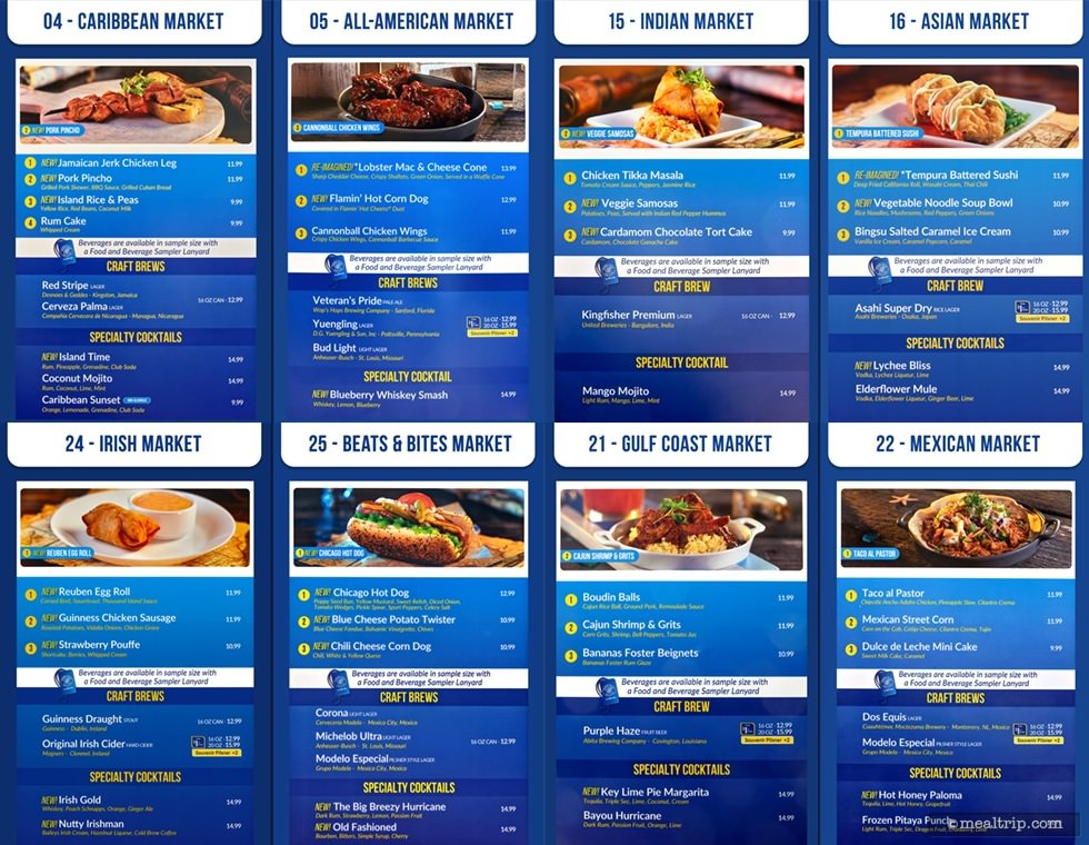 Menu Boards and Prices for the 2025 Seven Seas Food Festival at SeaWorld Orlando