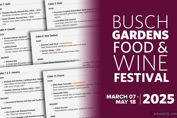 2025 Food & Wine Festival Menu Items at Busch Gardens, Tampa
