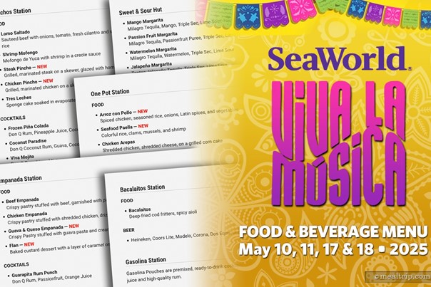 Food & Beverage Menu for the 2025 Viva La Música Festival at SeaWorld, Orlando