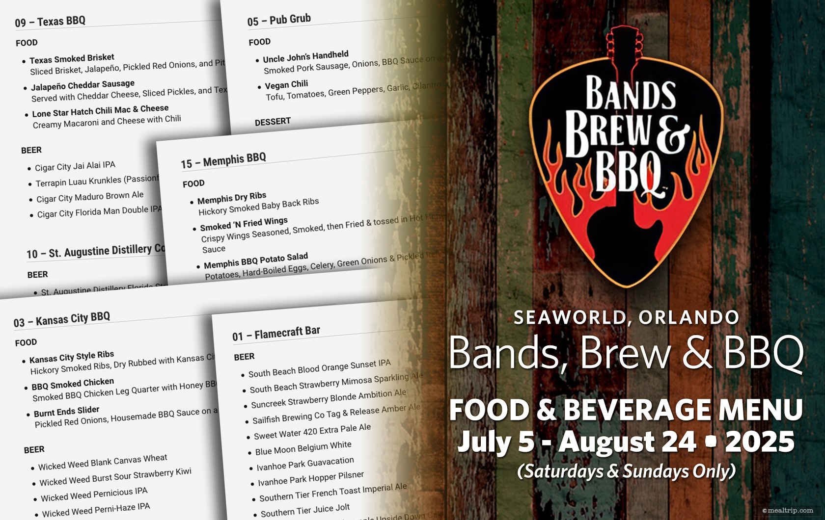 Food and Beverage Menu Items for the 2025 Bands, Brew and BBQ Festival at SeaWorld, Orlando