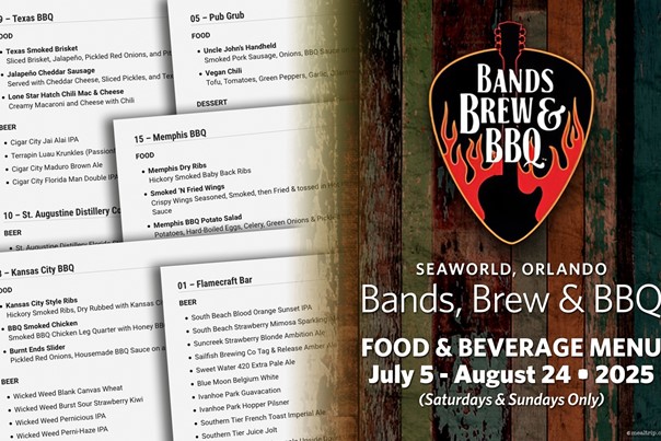 Food and Beverage Menu Items for the 2025 Bands, Brew and BBQ Festival at SeaWorld, Orlando