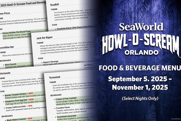 Food and Beverage Menu Items for Howl-O-Scream 2025 at SeaWorld, Orlando